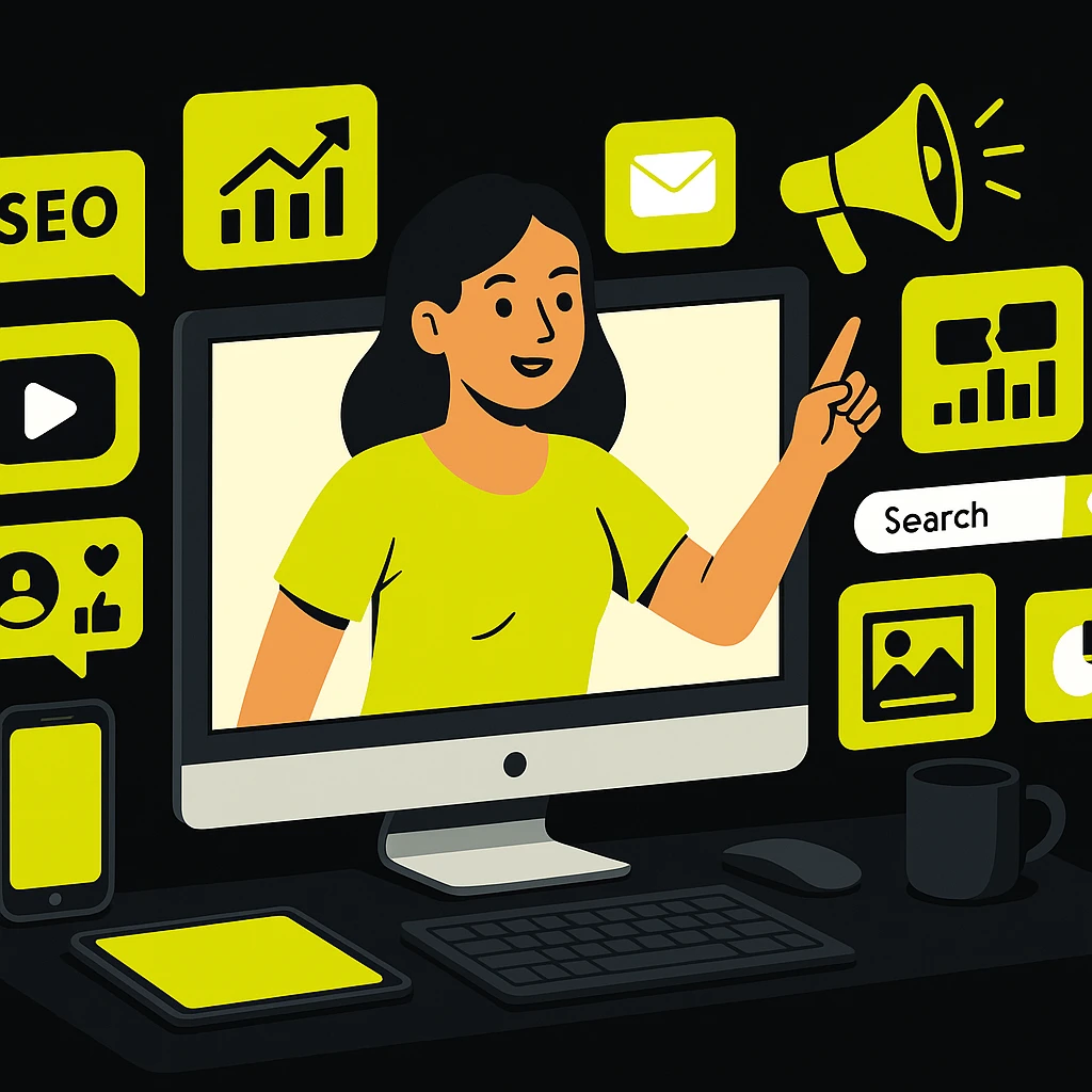 Modern isometric illustration of a female best freelance digital marketing strategist in calicut interacting with digital marketing elements