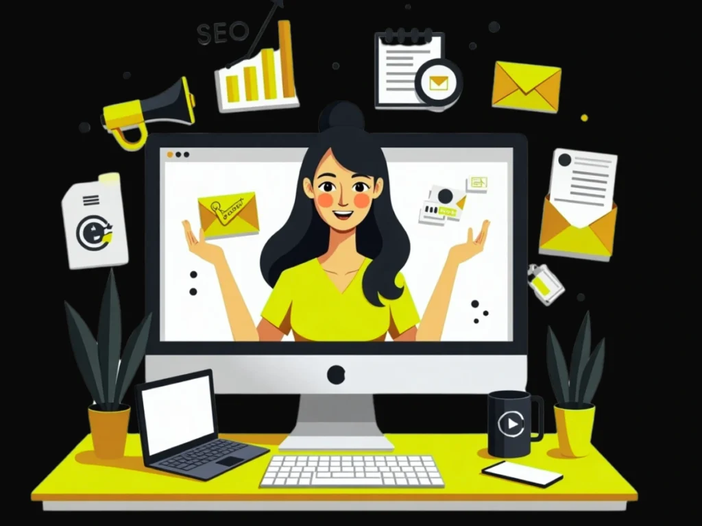Modern isometric illustration of a female best freelance digital marketing strategist in calicut interacting with digital marketing elements